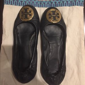 Authentic Tory Burch Reva Flats-Size 8- Black/gold